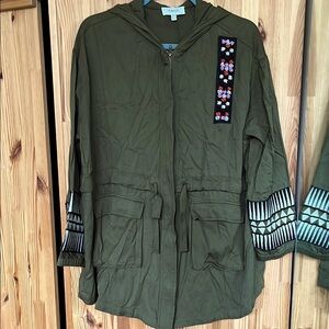 Olive green embroidered & beaded military style zipup jacket (size 6/ medium)